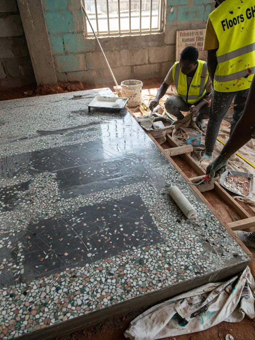 Decorative terrazzo in Accra, Ghana — diamond grind polish terrazzo aggregate closeup floorsgh, Accra Ghana